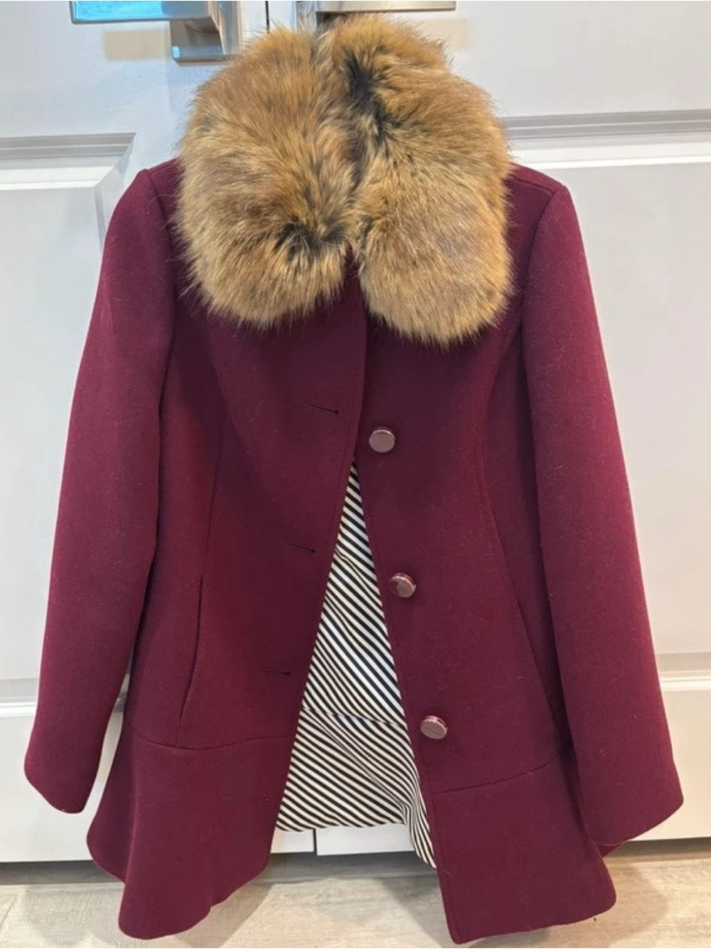 kate spade Burgundy Wool Pea Coat with Faux Fur Collar